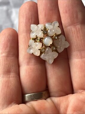 Opalescent carved glass flowers in star shaped Brooch Signed Czech
